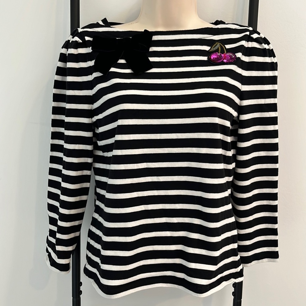 Kate Spade Broome Street Boat Neck Sequin Cherry Embroidered Bow Tie Tee Women